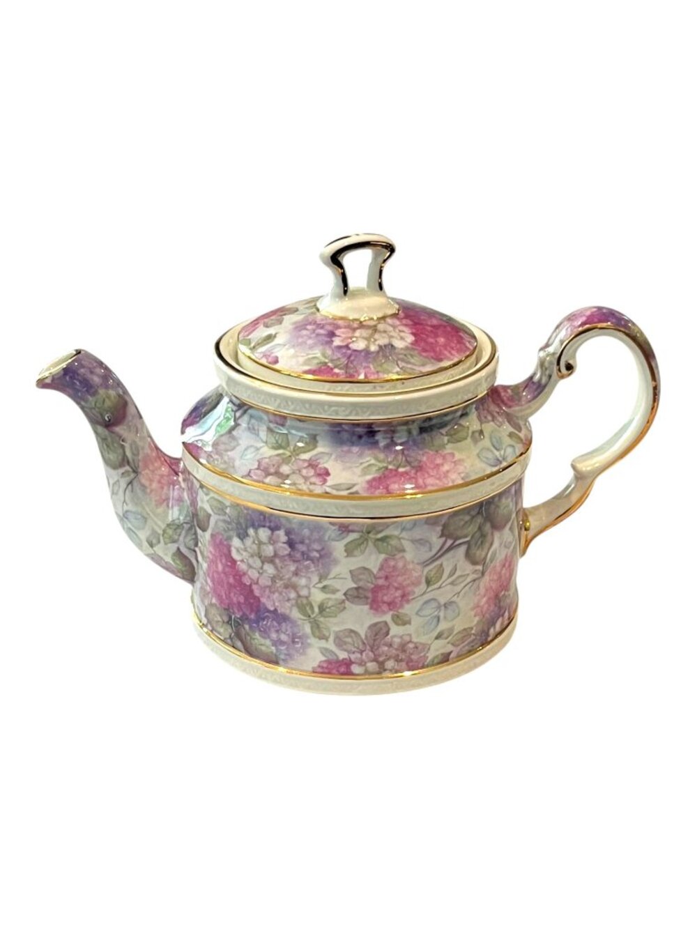 Vintage Crown Dorset Hydrangea Teapot Staffordshire England Gold Trim Gilt